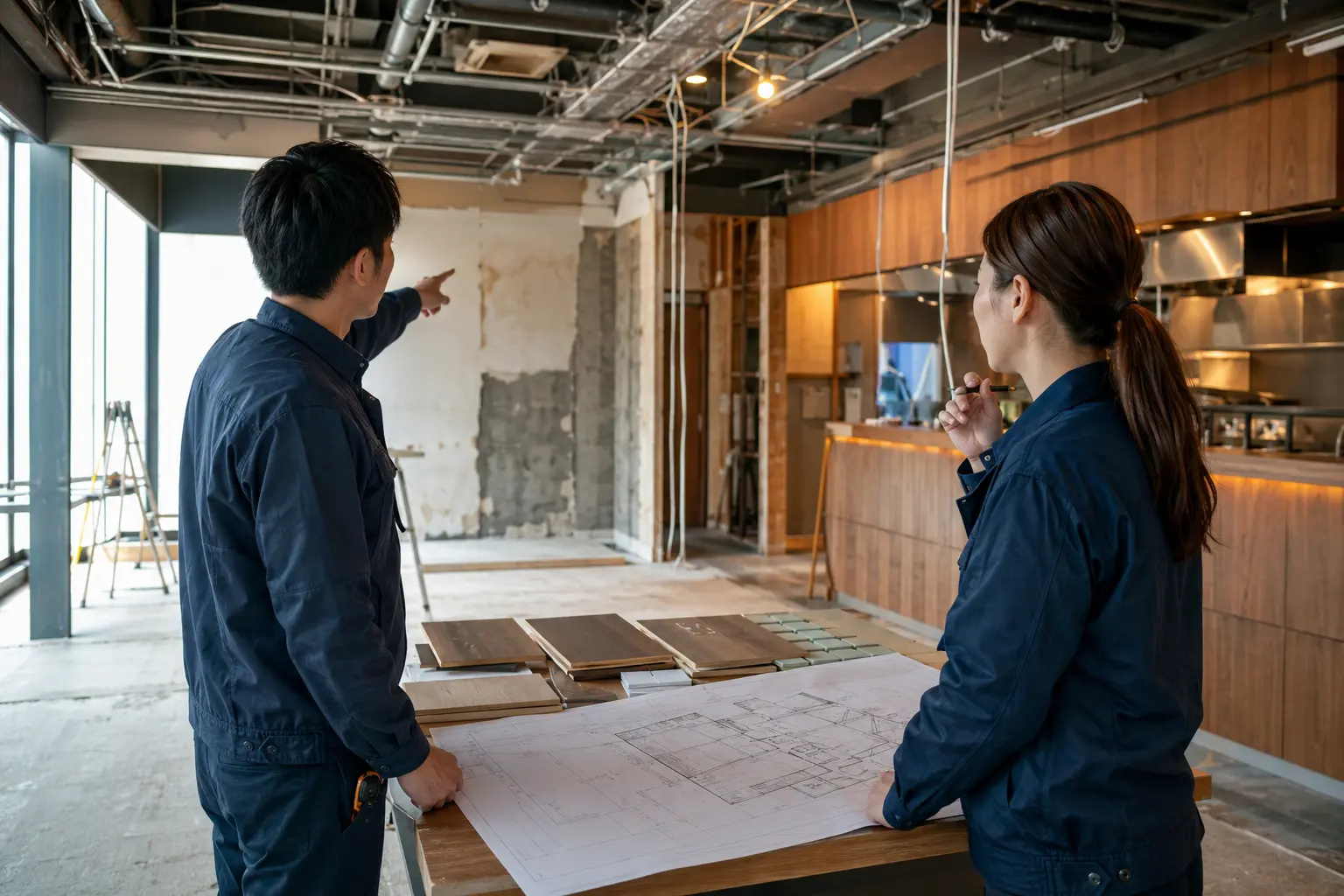 改装中の店舗で図面を確認する打ち合わせのイメージ